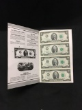 Uncut Sheet of 4 1976 United States Jefferson $2 Bill Notes - STAR NOTES from Estate