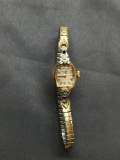 Bulova Designer Rectangular 11x10mm Crystal Diamond Accented Vintage 10kt Rolled Gold Watch w/