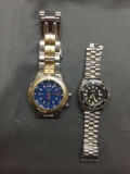Lot of Two Guess Branded Round Bezel One 29mm & One 40mm Water Resistant Stainless Steel Watches w/