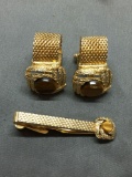 Swank Designer Matched Set Gold-Tone Alloy, Pair of Mesh Style Cufflinks w/ Round 12mm Tiger's Eye