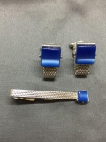 Swank Designer Matched Set Silver-Tone Alloy, Pair of Mesh Style Cufflinks w/ Square Blue Cat's Eye