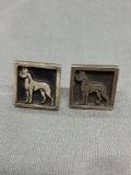 Square 19mm Antique Finished Doberman Pinscher Styled Pair of Sterling Silver Cufflinks