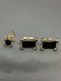 Sarah Covington Designer Onyx Inlaid Gold-Tone Alloy Pair of Cufflinks w/ Matching Tie Pin