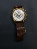 Fossil Designer Round 30mm Gold-Tone Bezel Stainless Steel Chronograph Moon Face Watch w/ Brown