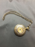 Majestron Designer Round 48mm Diameter Vintage Gold-Tone Pocket Watch w/ Chain