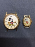 Lot of Two Mickey Mouse Disney Branded Gold-Tone Stainless Steel Watches, One w/ Leather Strap One