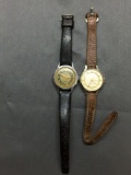 Lot of Two Round 20mm Face Stainless Steel Watches w/ Leather Straps, One Cimier De Luxe Designer &