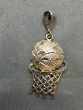 Carving Detailed Basketball & Hoop Themed 40mm Tall 25mm Wide Sterling Silver Pendant