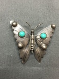 Old Pawn Mexico Handmade 40mm Wide 35mm Tall Twin Turquoise Cabochon Accented Sterling Silver Brooch