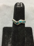 Turquoise Inlaid Handmade 7mm Wide Old Pawn Mexico Sterling Silver Zig-Zag Ring Band