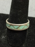 Inverted Triangular Turquoise Inlaid 6mm Wide Sterling Silver Eternity Band