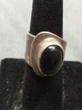 Oval 13x9mm Onyx Cabochon Center Old Pawn Mexico Handmade Sterling Silver Bypass Ring Band