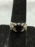 Oval Faceted 9x7mm Onyx Center Milgrain Marcasite Detailed Vintage Style Sterling Silver Ring Band