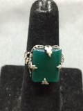 Rectangular Faceted 16x12mm Green Onyx Center Handmade Organic Leaf Design Sterling Silver Ring Band