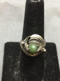 Round 6mm Jade Cabochon Center 17mm Wide Handmade Detailed Sterling Silver Bypass Ring Band
