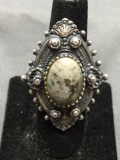 Oval 17x13mm Pyrite Included Jade Cabochon Center Vintage Balinese Style 45mm Long Handmade Sterling