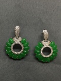 Teardrop Fashioned Green Jade Gemstone Halo w/ Rhinestone Studded Accents Round 25mm Diameter Pair