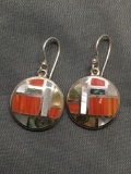 Round 17mm Diameter Pair of Sterling Silver Shepard's Hook Earrings w/ Agate, Abalone & Mother of