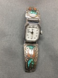 Rectangular Timex 20x18mm Watch w/ Turquoise & Coral Engraved Old Pawn Native American Sterling