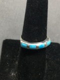 Filipino Made Sterling Silver Band w/ Four Horizontal Inlaid Turquoise Gems 4.25mm Wide Signed