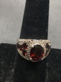 Oval Faceted 10x8mm Garnet Center w/ Oval Garnet Side Accents Bead Ball Decorated Sterling Silver