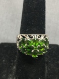 Oval, Marquise & Round Faceted Chrome Diopside Gem Cluster Center Filigree Decorated Sterling Silver