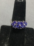 Trillion Faceted Tanzanite Floral Cluster Center Setting Sterling Silver Ring Band