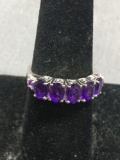 Five Oval Faceted 6x4mm Amethyst Centers w/ Round Sides Sterling Silver Band