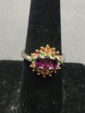 Triple Oval Faceted Amethyst Centers w/ Round Faceted Citrine & Chrome Diopside Cluster Setting