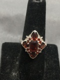 Emerald Cut Faceted 8x6mm Garnet Center w/ Four Pear Faceted Garnet Accents Marquise Shaped 21mm