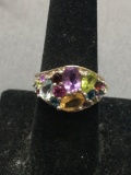 Multi-Colored Round, Pear & Oval Faceted Gemstone Cluster Setting 13mm Wide Tapered Sterling Silver