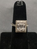 Five Emerald Cut Faceted CZ Cluster Centers w/ Round Faceted CZ Halo Accents Filigree Heart