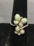 Green Jade Cabochon Featured Twin Butterfly Design Bypass Sterling Silver Ring Band