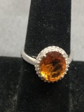 Oval Faceted 11x9mm Citrine Gem Center w/ Round Faceted CZ Halo Sterling Silver Ring Band