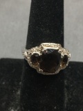 Cushion Faceted 10x8mm Smokey Quartz Center Gem w/ Twin Oval Faceted 5x3mm Sides & Round Diamond