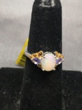 Oval 8x6mm Opal Cabochon Center w/ Twin Pear Faceted Tanzanite Sides Two-tone Sterling Silver Ring