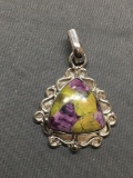 Filigree Scroll Framed 15x15x15mm Trillion Ruby Zoisite Cabochon Center Sterling Silver Pendant