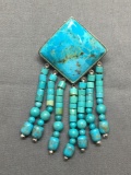 Large 23x23mm Square Kite Set Turquoise Center w/ Seven Turquoise Beaded Drops Thai Made 3in Long