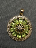 Round 26mm Gold-Tone Sterling Silver Pendant w/ Round Diamond Center & Oval Faceted Peridot Gem Halo