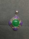 Round 10mm Green Jade Cabochon Center w/ Four Oval Fashioned Lavender Jade Accents Greek Key