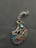 Beautifully Designed Filigree Decorated 53mm Long 25mm Wide Sterling Silver Peacock Pendant w/ Oval