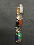 Multi-Colored Rectangular Contoured Jade Featured Asian Design 9mm Wide Sterling Silver 8in Long