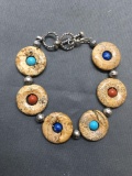 Round 20mn Wide Jasper Bead w/ Turquoise, Sodalite & Coral Beaded Centers 7in Long Sterling Silver