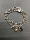 High Polished & Rope Detailed 12mm Wide Sterling Silver Link Charm Bracelet w/ Four Gemstone