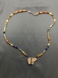 Multi Shape & Colored Gemstone Beaded 6mm Wide 22in Long Necklace w/ Sterling Silver Wrapped Jasper