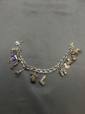 Double Curb Link 8mm Wide Sterling Silver 7in Long Bracelet w/ Ten Monument Themed Charms