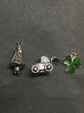 Lot of Three Sterling Silver Charms, Enameled Three Leaf Clover, Space Shuttle & Baby Carriage