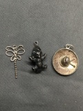 Lot of Three Sterling Silver Charms, One Teddy Bear, Sombrero & Dragonfly