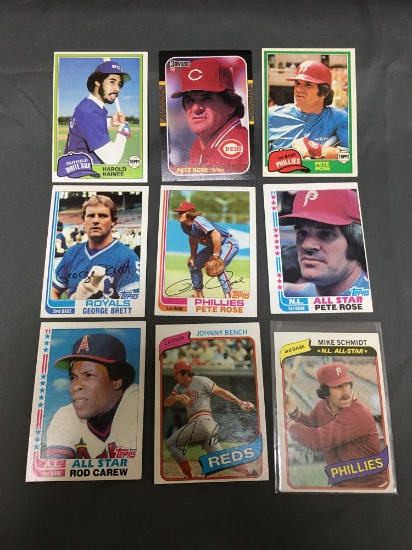 9 Card Lot of 1980's Topps Baseball Cards with Stars and Hall of Famers from Estate Collection