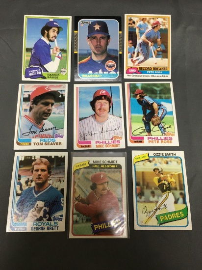 9 Card Lot of 1980's Topps Baseball Cards with Stars and Hall of Famers from Estate Collection